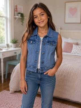 Pony Tails Girls Medium Blue Denim Trucker Vest Size 10/12